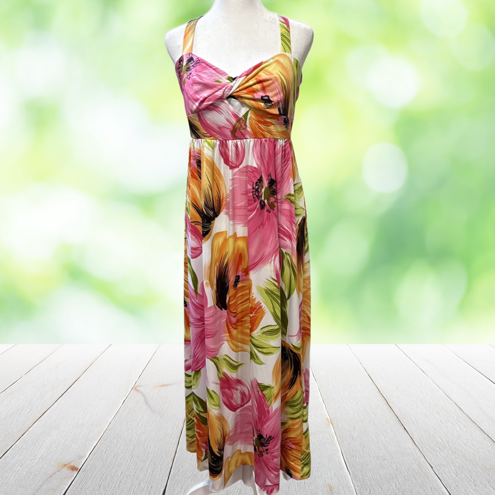 Vintage Y2K KARIN STEVENS Maxi Dress Empire Waist Floral Tropical Resort Size 10 - Picture 10 of 11